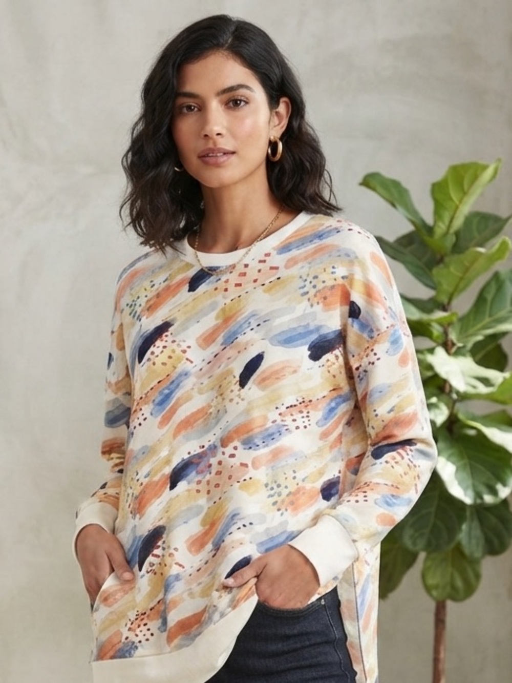 NWT Levaca Abstract Long Sleeve Pullover Tunic w/ Side Slits Women’s Size Small